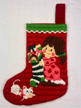 Vintage Handmade Crewel Christmas Stocking with Brunette Girl and White Kitten